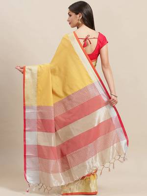 Yellow woven blended cotton saree with blouse 2