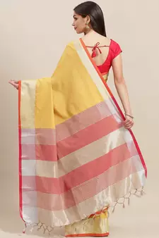 Yellow woven blended cotton saree with blouse