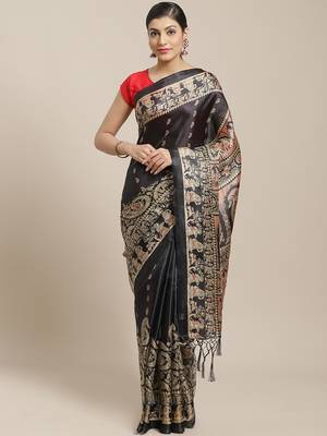 Black printed art silk saree with blouse 1