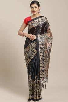 Black printed art silk saree with blouse