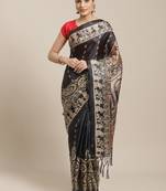 Black printed art silk saree with blouse