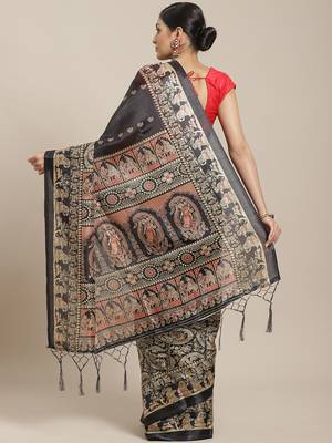 Black printed art silk saree with blouse 2