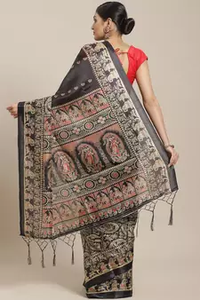 Black printed art silk saree with blouse