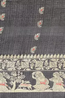 Black printed art silk saree with blouse