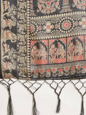 Black printed art silk saree with blouse 4