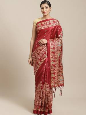 Maroon printed art silk saree with blouse 1
