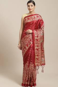 Maroon printed art silk saree with blouse