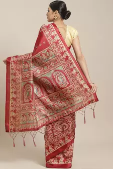 Maroon printed art silk saree with blouse