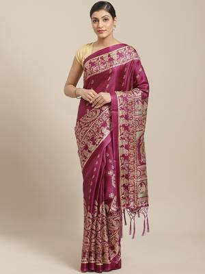 Purple printed art silk saree with blouse 1