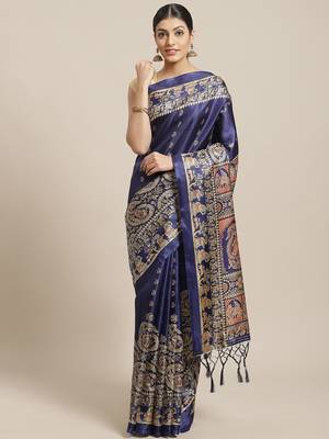 Blue printed art silk saree with blouse 1