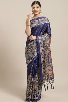 Blue printed art silk saree with blouse