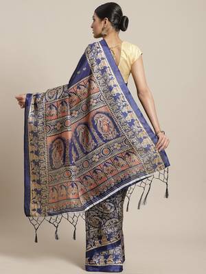 Blue printed art silk saree with blouse 2