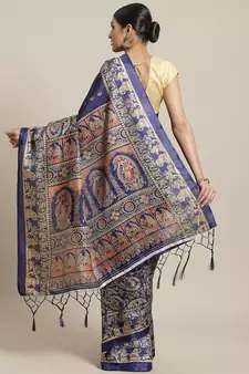 Blue printed art silk saree with blouse