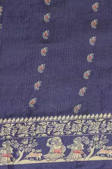 Blue printed art silk saree with blouse
