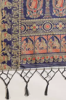 Blue printed art silk saree with blouse