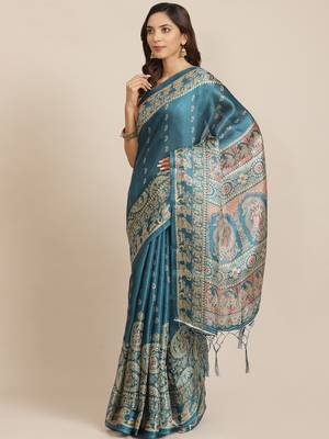 Blue printed art silk saree with blouse 1