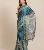 Blue printed art silk saree with blouse