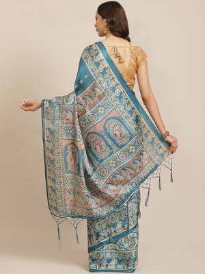 Blue printed art silk saree with blouse 2