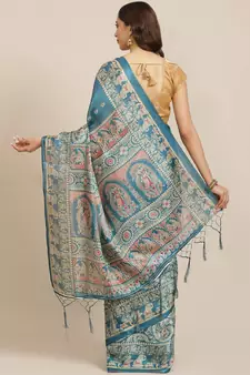 Blue printed art silk saree with blouse