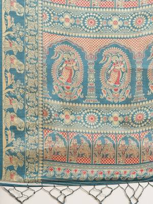 Blue printed art silk saree with blouse 4