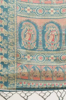 Blue printed art silk saree with blouse