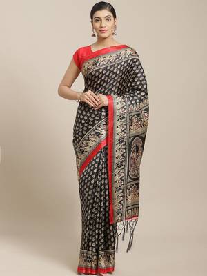 Black printed art silk saree with blouse 1