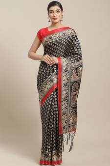 Black printed art silk saree with blouse