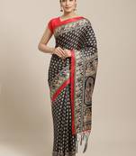 Black printed art silk saree with blouse