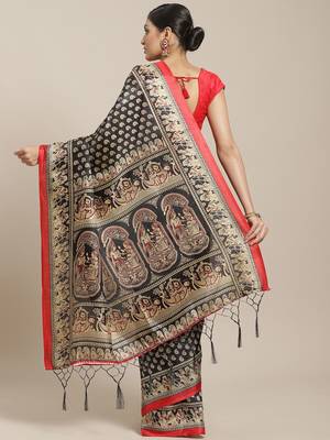 Black printed art silk saree with blouse 2