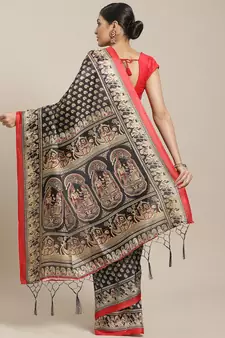 Black printed art silk saree with blouse