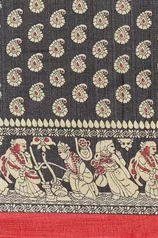 Black printed art silk saree with blouse