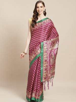 Purple printed art silk saree with blouse 1