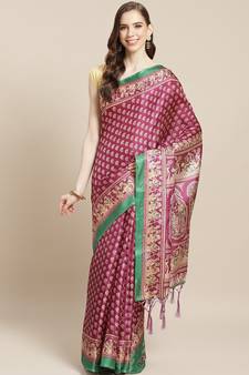 Purple printed art silk saree with blouse
