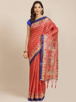 Red printed art silk saree with blouse 1