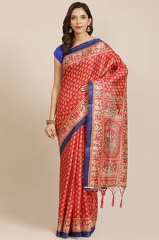 Red printed art silk saree with blouse