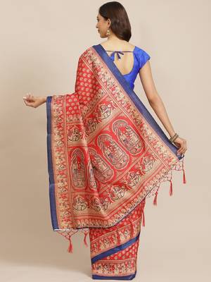 Red printed art silk saree with blouse 2