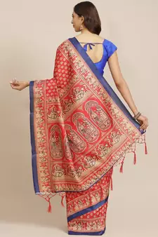 Red printed art silk saree with blouse
