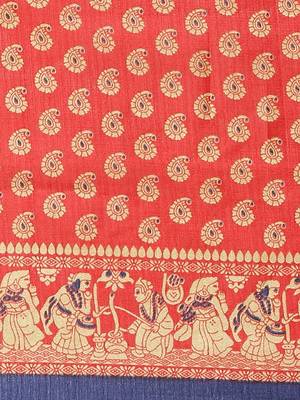 Red printed art silk saree with blouse 3
