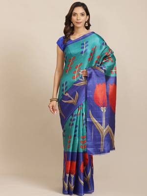 Blue printed art silk saree with blouse 1