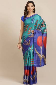 Blue printed art silk saree with blouse