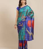 Blue printed art silk saree with blouse