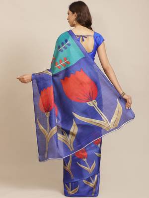 Blue printed art silk saree with blouse 2
