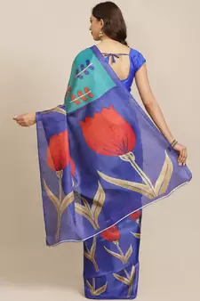 Blue printed art silk saree with blouse