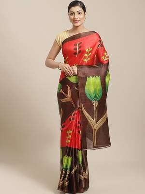 Brown printed art silk saree with blouse 1
