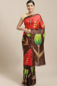 Brown printed art silk saree with blouse