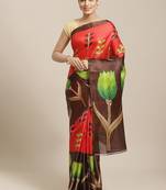 Brown printed art silk saree with blouse