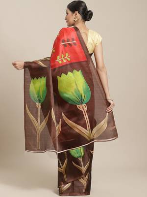 Brown printed art silk saree with blouse 2