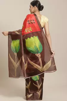 Brown printed art silk saree with blouse
