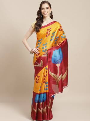 Yellow printed art silk saree with blouse 1