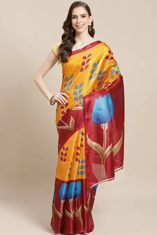 Yellow printed art silk saree with blouse